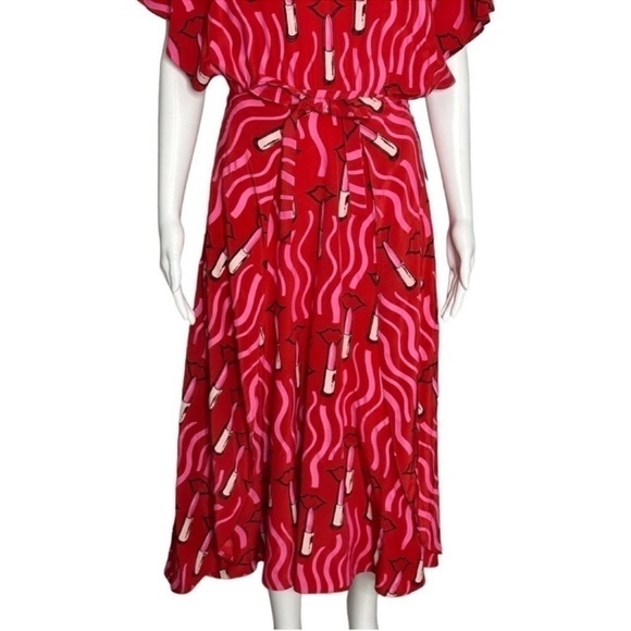 VALENTINO SILK Red Lips Lipstick Printed silk-crepe front wrap midi dress SIZE 4 - Picture 9 of 16